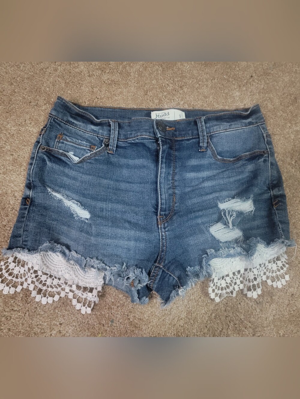 Mudd Dark Blue Flex Stretch Juniors Denim Shorts with White Lace Trim Sz 9